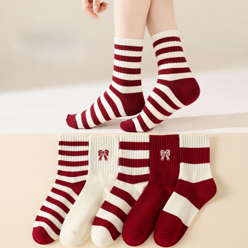 Autumn and Winter Socks for Women, Encore Red Bow Mid-calf Socks, Striped Versatile Cotton Women's Socks, Zhuji Socks