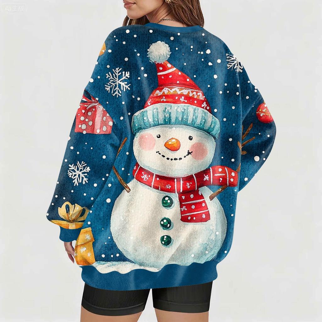 Women's Fashionable V-neck Christmas Printed Long Sleeved Casual Pullover Plush Warm Sweatshirt Top