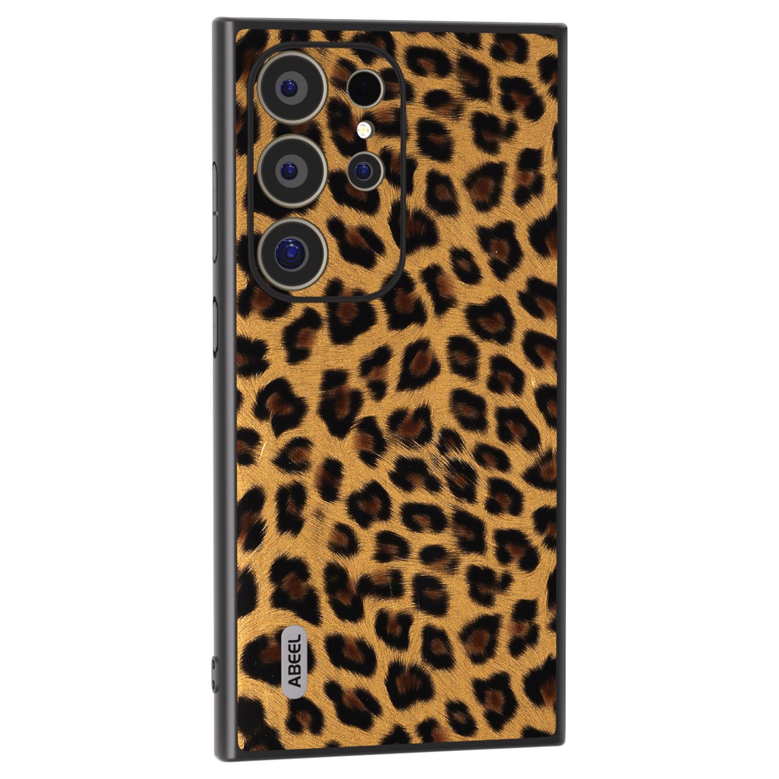 

ABEEL For Samsung Galaxy S24 Ultra Case Leather Coated PC+TPU Back Phone Cover with Leopard Pattern Champagne Gold