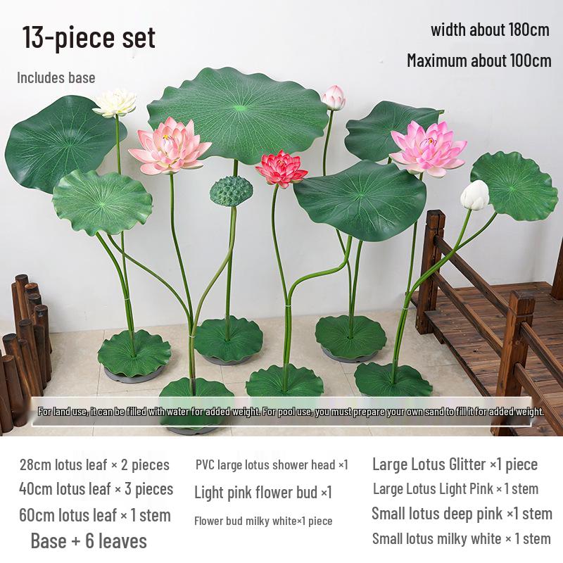 Duży sztuczny kwiat lotosu i liść do dekoracji stawu i jako rekwizyty do tańca, zielona łodyga