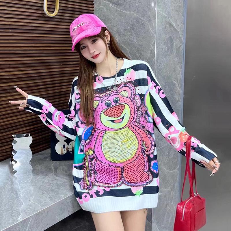 2025 Autumn/Winter Women's Rhinestone Strawberry Bear Knit Sweater Coat - Trendy, Loose, Mid-length Style