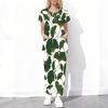 Women Plus Size Cutout Neck Short Sleeve Ginkgo Leaf Printed Scrub Set White Green Pocket Top Long Pants Two Piece