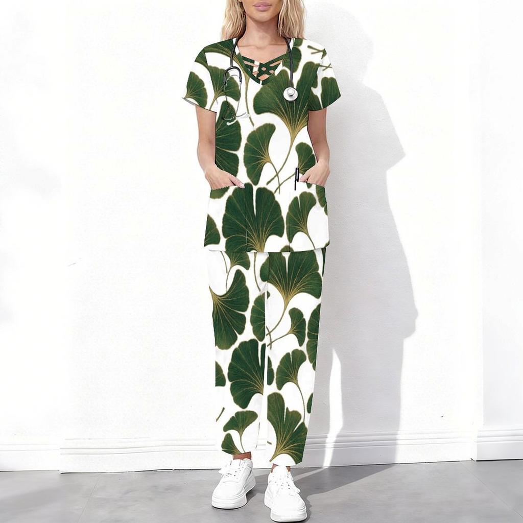 Women Plus Size Cutout Neck Short Sleeve Ginkgo Leaf Printed Scrub Set White Green Pocket Top Long Pants Two Piece