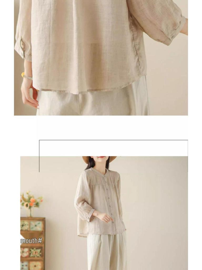 Spring/Summer Retro Slimming Cotton Linen Cardigan - Women's Seven-Sleeve Shirt