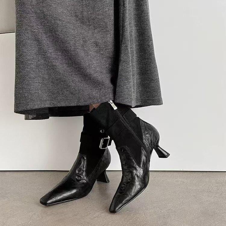 New Style Women's Wedge High Heel Short Boots Pointed Side Zipper Sexy Triangle Shaped Heel Stretch Soft Leather Ankle Boots