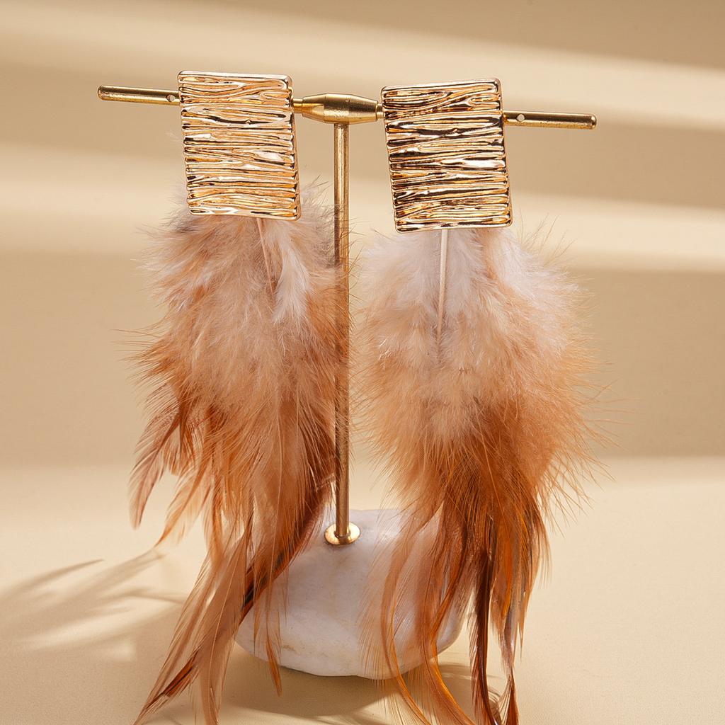 European and American exaggerated feather fringed square silver needle earrings Bohemian retro niche earrings