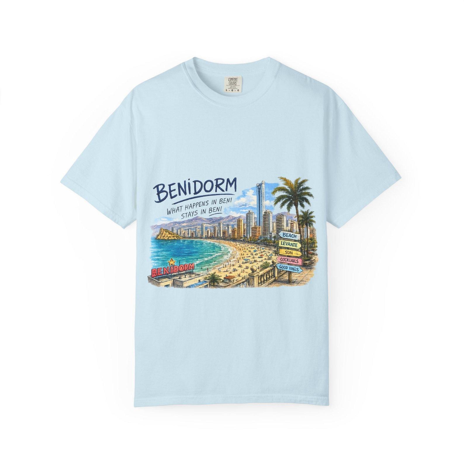 Benidorm Beach Scene T shirt | Coastal Skyline, Palm Trees, Retro Postcard Style XL