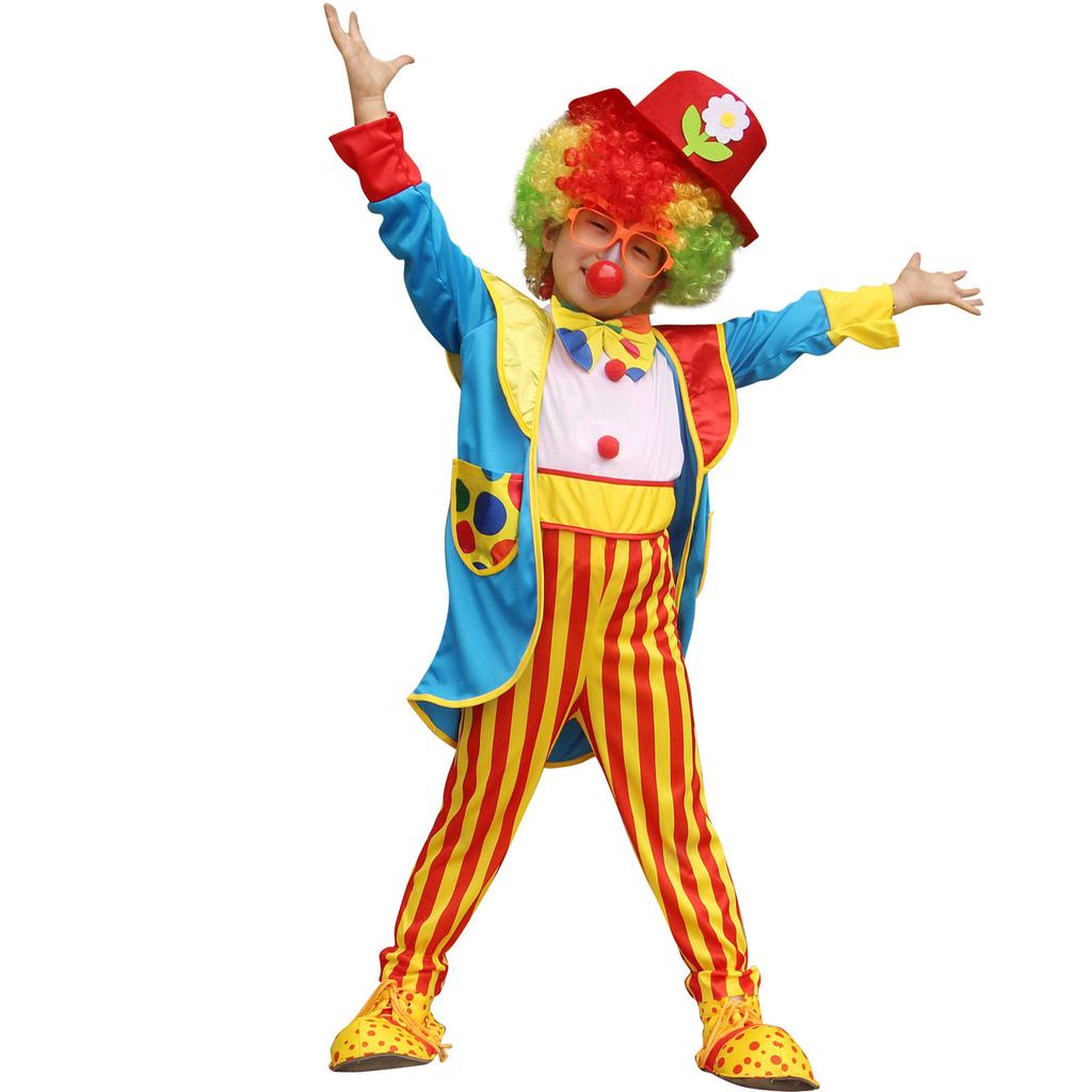 Kids Halloween Clown Costume Striped Jumpsuit Coat Top Hat Bowtie Carnival Performance Outfit