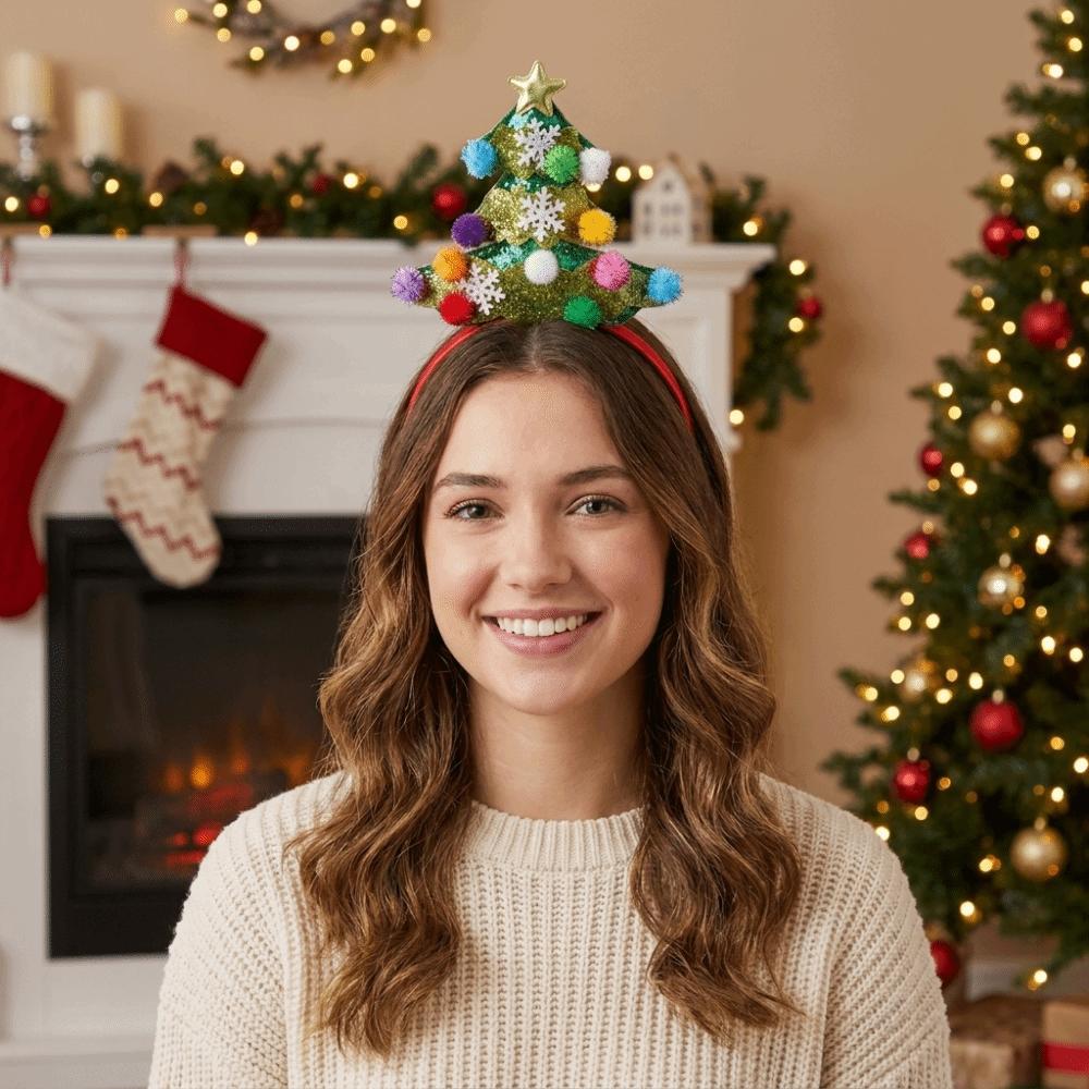 Rain Threads Xmas Tree Hairband Plush Ball Sequin Hair Hoop Fashion Christmas Headband Women