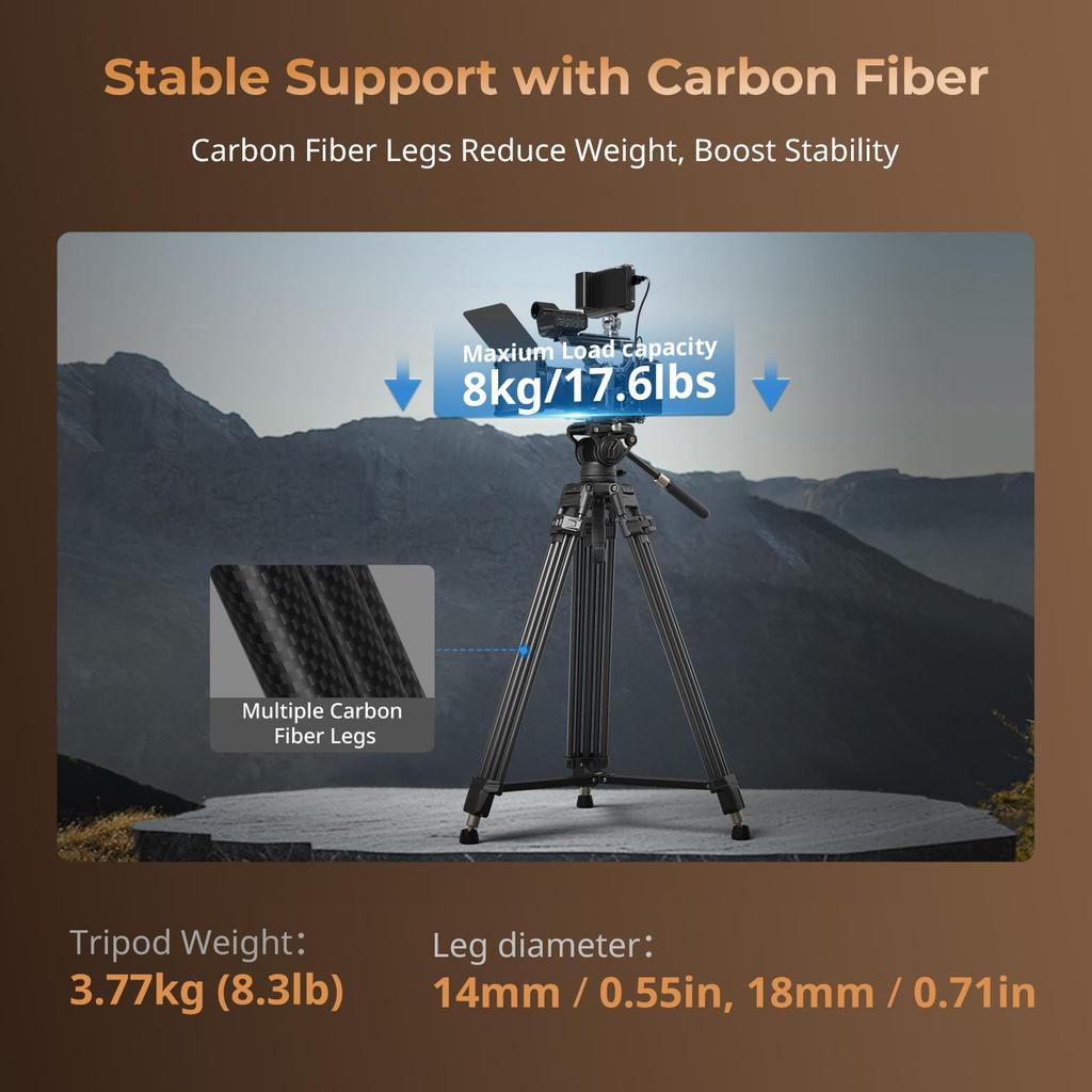 SmallRig Carbon Fiber Professional Video Tripod with Height Maximum Height of Fluid QR Plate Payload SmallRig 5111 AD-80S Tripod, Free-Speed One-Step