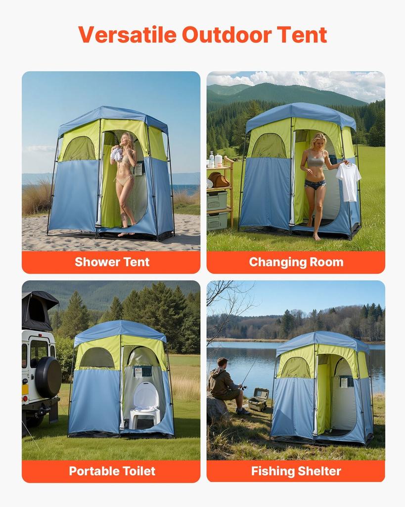 Camping Shower Tent, 2-Room Portable Privacy Tent Changing Room with Shower Bag, Ground Stakes, Ropes, Carry Bag, and Support Poles, 150D Oxford