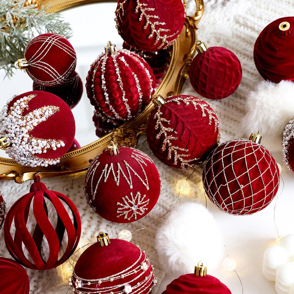 Dunkelrote Beflockte Weihnachtsbaumkugeln - Bemalte Perlen DIY Hängende Dekorationen für Festliche Szenenlayouts