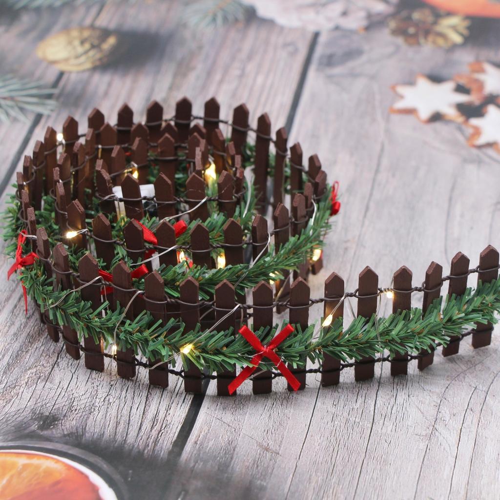 MicoLandscape Christmas Elf Fairy Garden Miniature Wooden Fence Handmade LED Light String Vine Landscape Greenery Evergreen Prop