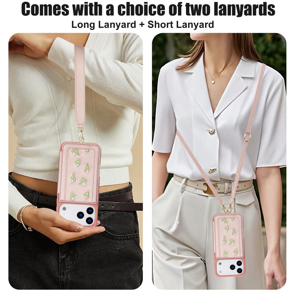 Crossbody Zipper Cards Solt Wallet Embroidery Leather Case for iPhone 17 Pro Max 16 Plus 15 14 13 12 Book Stand Skin Feel Cover