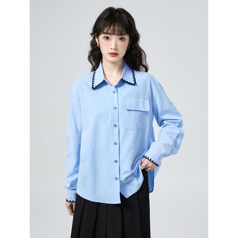 Elegant Blue Polo Collar Slimming Women's Long-Sleeve Shirt - 2026 Early Spring Arrival