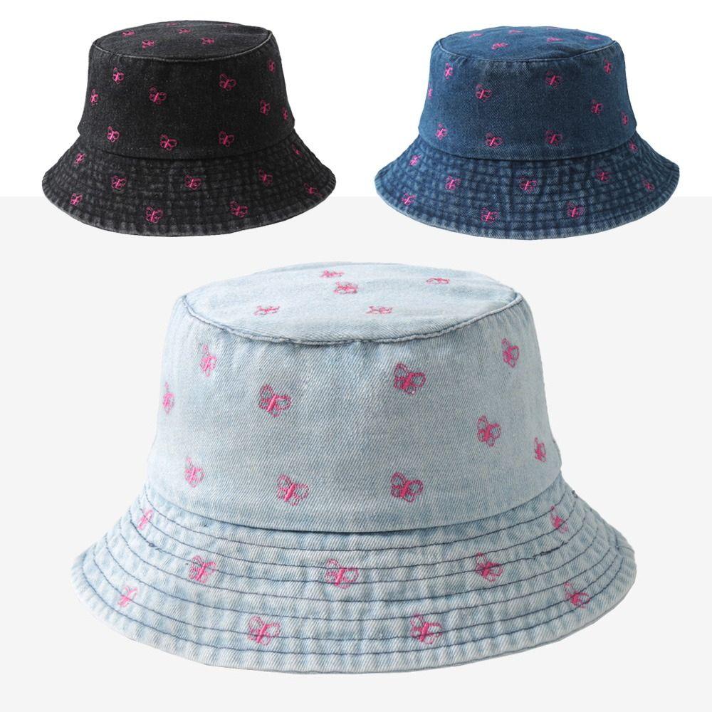 Butterfly Pattern Denim Bucket Hat Wide Brim Sun Hat Breathable Beach Hat  Spring and Summer