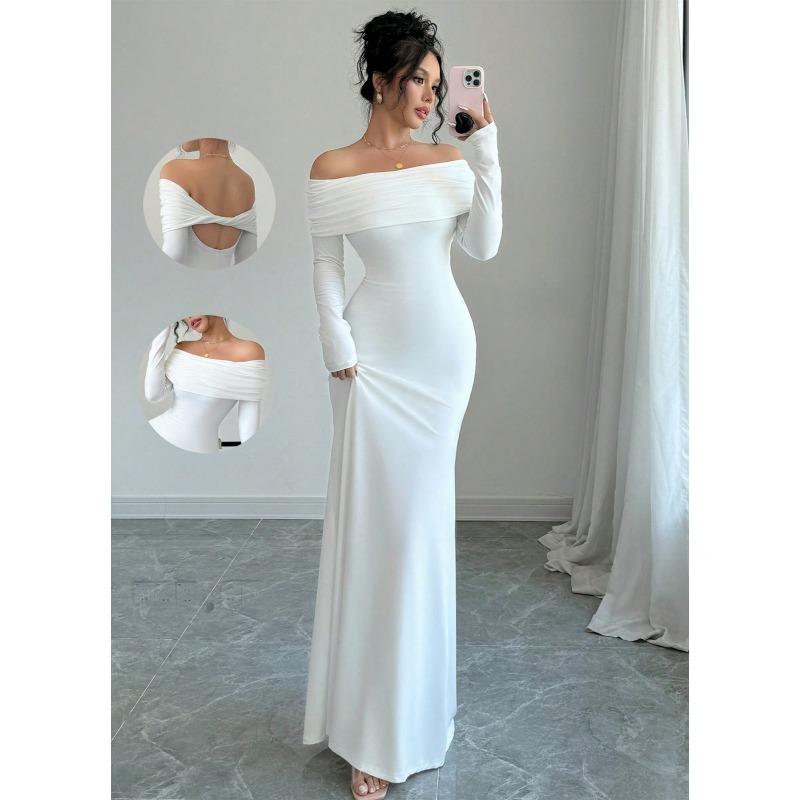 

Fashion, autumn elegance temperament women s clothing tight one-word collar one-step skirt dress wholesale S белый
