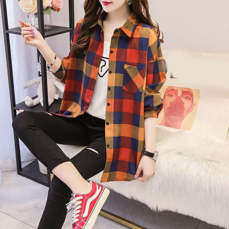 

Весенне-осенняя женская клетчатая рубашка на пуговицах с лацканами средней длины, куртка-солнцезащита 2XL