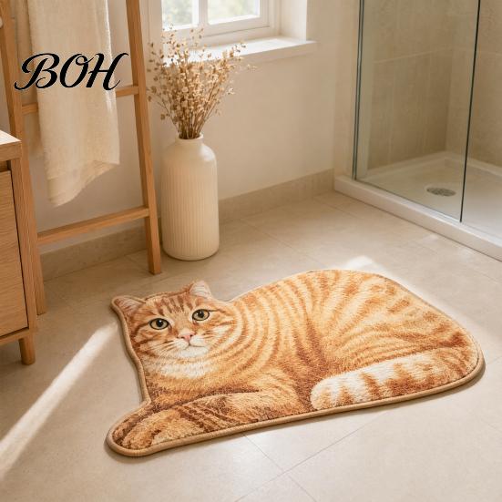 Tile And Wood Floor Mat Cute Cat Bathroom Rug, Anti-Slip Absorbent Bath Washable Plush Easy Care Kitty Door for Entrance Kitchen Home Decor Safety Rug