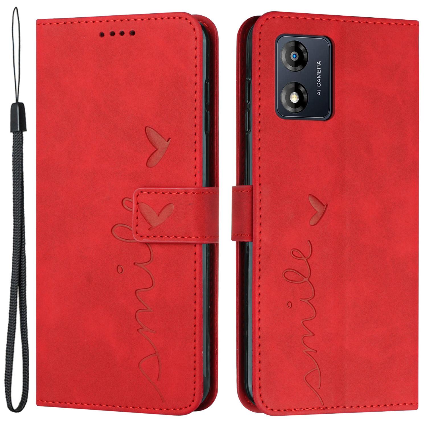 

Flip Shell for Motorola Moto E13 4G with Strap Imprinted Heart Shape Wallet Leather Phone Stand Case Red