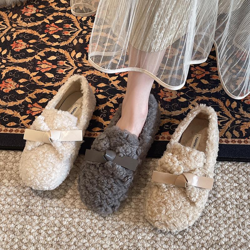 Internet celebrity fairy wind fluffy shoes female wear autumn and winter 2025 new one-pedal warm lamb wool cotton ladyshoes
