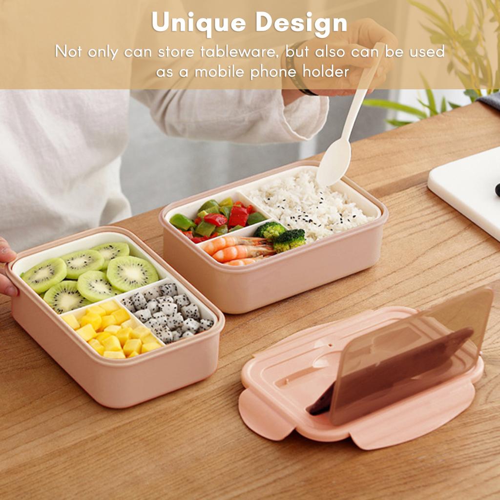 1400ML Plastic Lunch Box With Fork and Spoon 3 Compartment Single-layer proof Reusable Crisper Portable Sealed Box for Adults Kids Home Scho