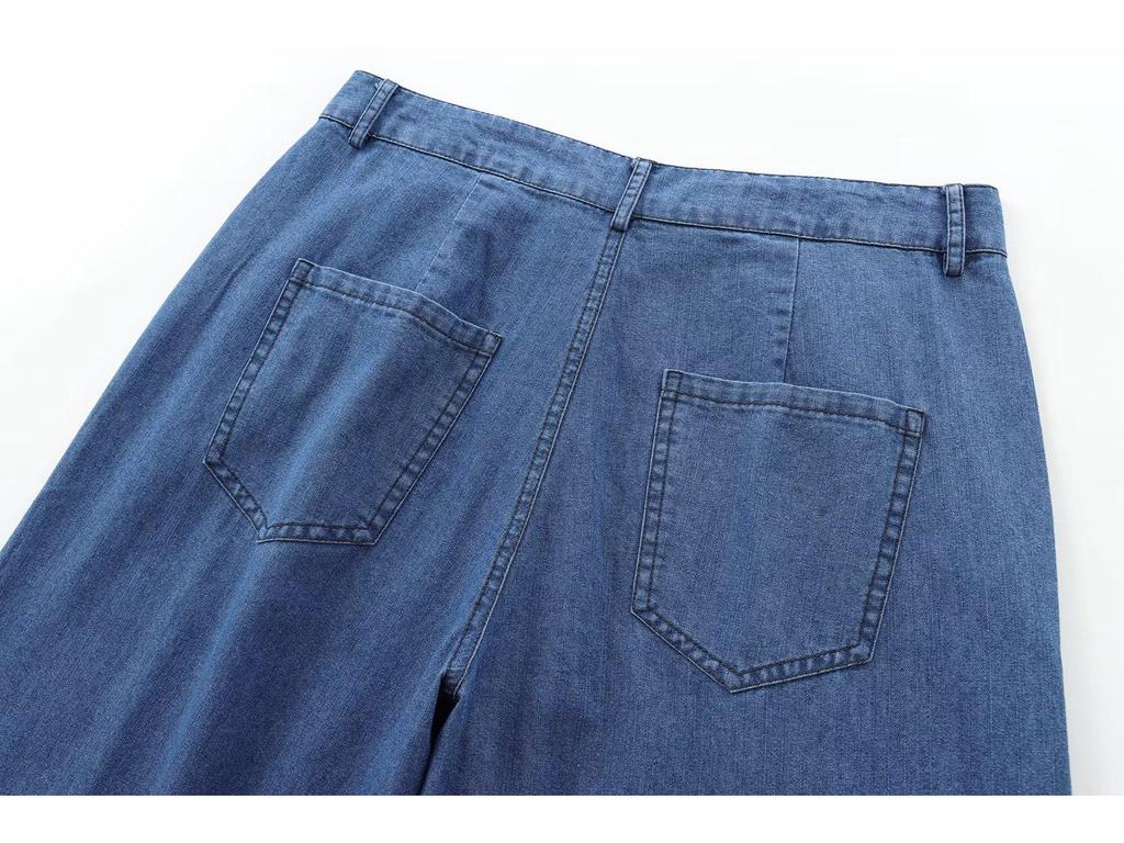 Women's Early Autumn Denim Set: Turn-Down Collar Tie-Waist Shirt & Draping Wide-Leg Pants