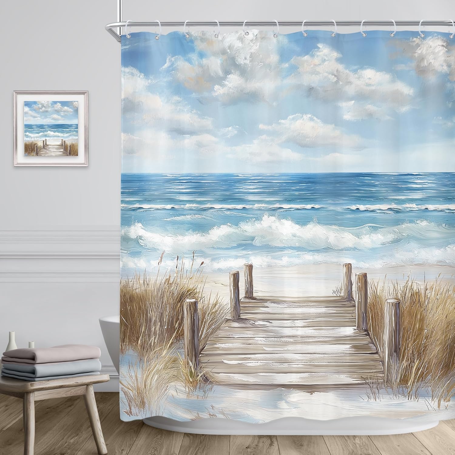 Textile Article Light Beach Shower Curtainblue Beachy Ocean Coastal Oil Painting Sky Summer Hawaiian Modern Landscape Scenery Nature Bathroom Decor