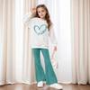 Children's Clothing Girls Floral English Patterns Off-Shoulder Pullover Flared Pants Two-Piece Set Blue-Green Pants Comfortable and Versatile Set