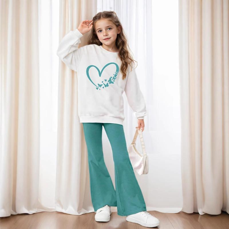 Children's Clothing Girls Floral English Patterns Off-Shoulder Pullover Flared Pants Two-Piece Set Blue-Green Pants Comfortable and Versatile Set