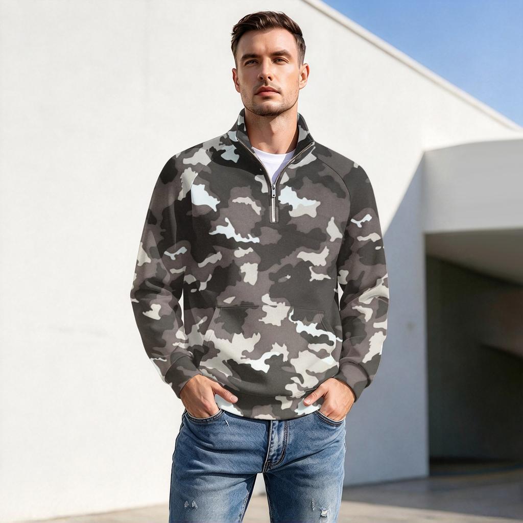 Men's Print Zip Pullover with Stand Collar, Casual Wrinkle- Top for Fall Winter Outdoor Sports