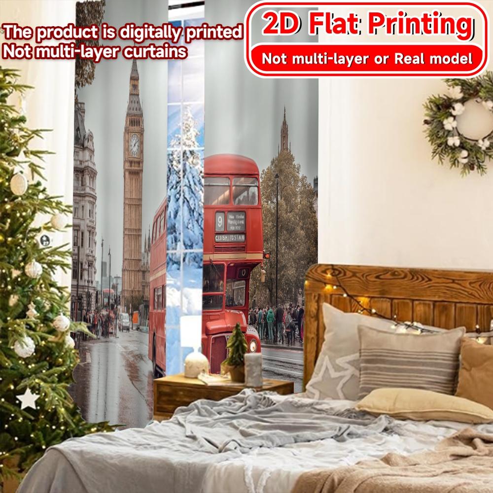 2D Flat Printing  2pcs London Journey Fashionable Popular Curtains Durable Polyester Curtains Thermal Insulation   and Room