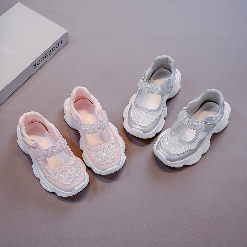 Girls Sports Shoes Shiny Sequin Kids Running Shoes with Sweet Beading Non-slip 2025 Summer New Children Princess Shoes Soft Sole