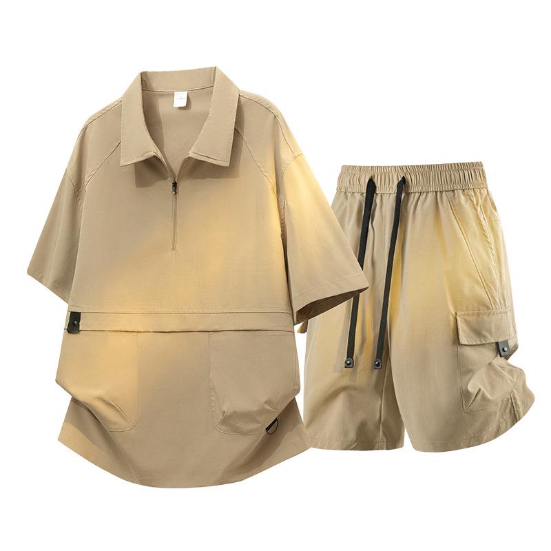 Men's Ice Silk Quick-Dry Half-Zip Polo & Shorts Set - Summer Lapel Casual Workwear
