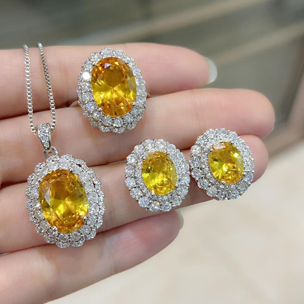 2025 Sunflower Inlaid Zircon Red Diamond Yellow Purple Pink Diamond Champagne Diamond Ring Earnail Pendant Jewelry Set