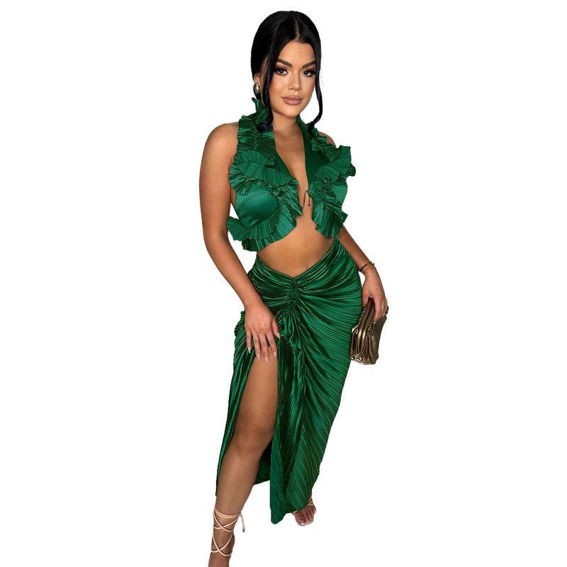 

2025 Комплект плиссированной юбки с разрезом и оборками Green XL