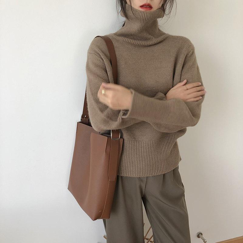 Kašmírový oversized rolák pletený svetr dámské zimní tlustý teplý jednobarevný základní pulovry žena ležérní měkký svetr s dlouhým rukávem