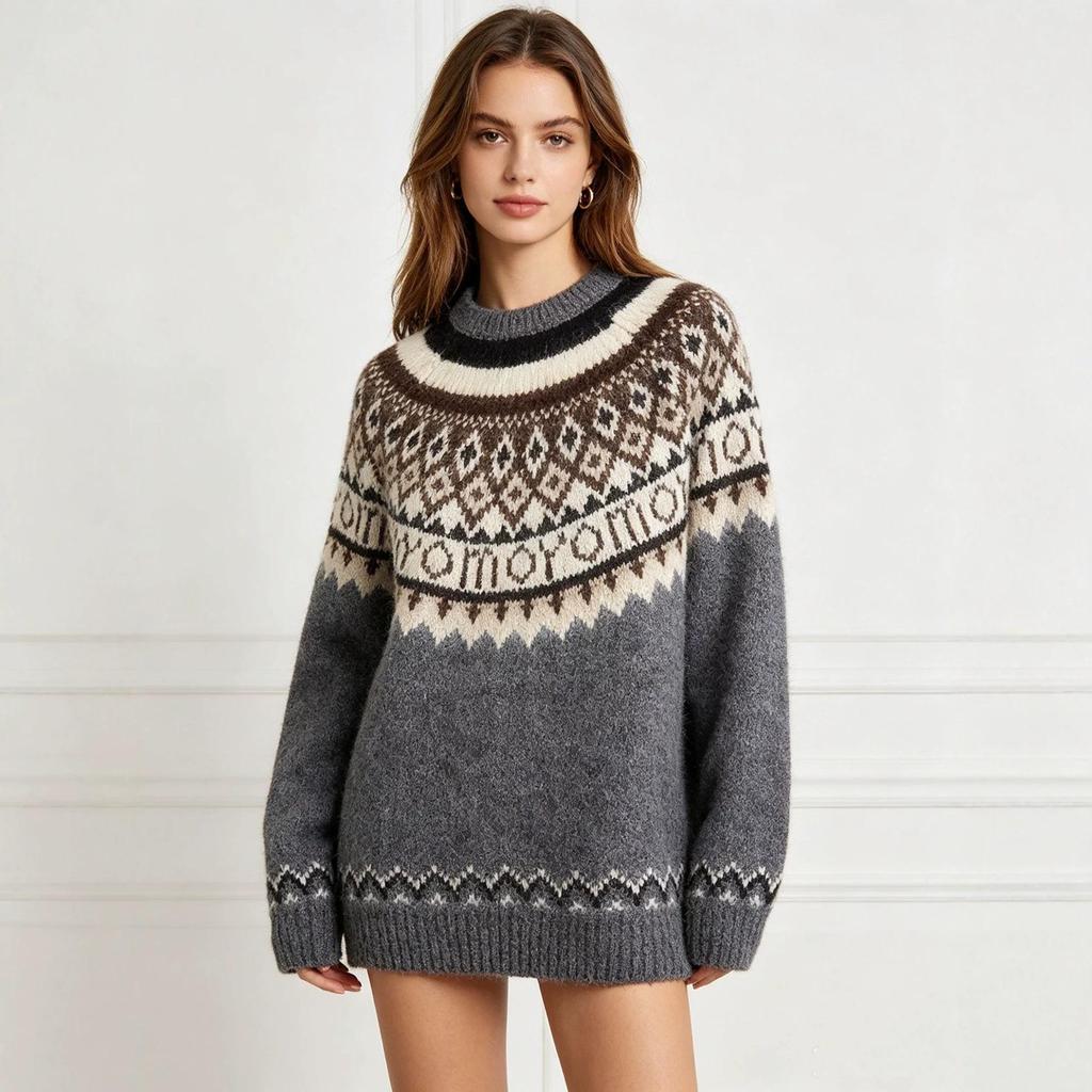 Women's Retro Fair Isle Jacquard Wool Sweater - Loose, Thick, Round Neck for Autumn/Winter