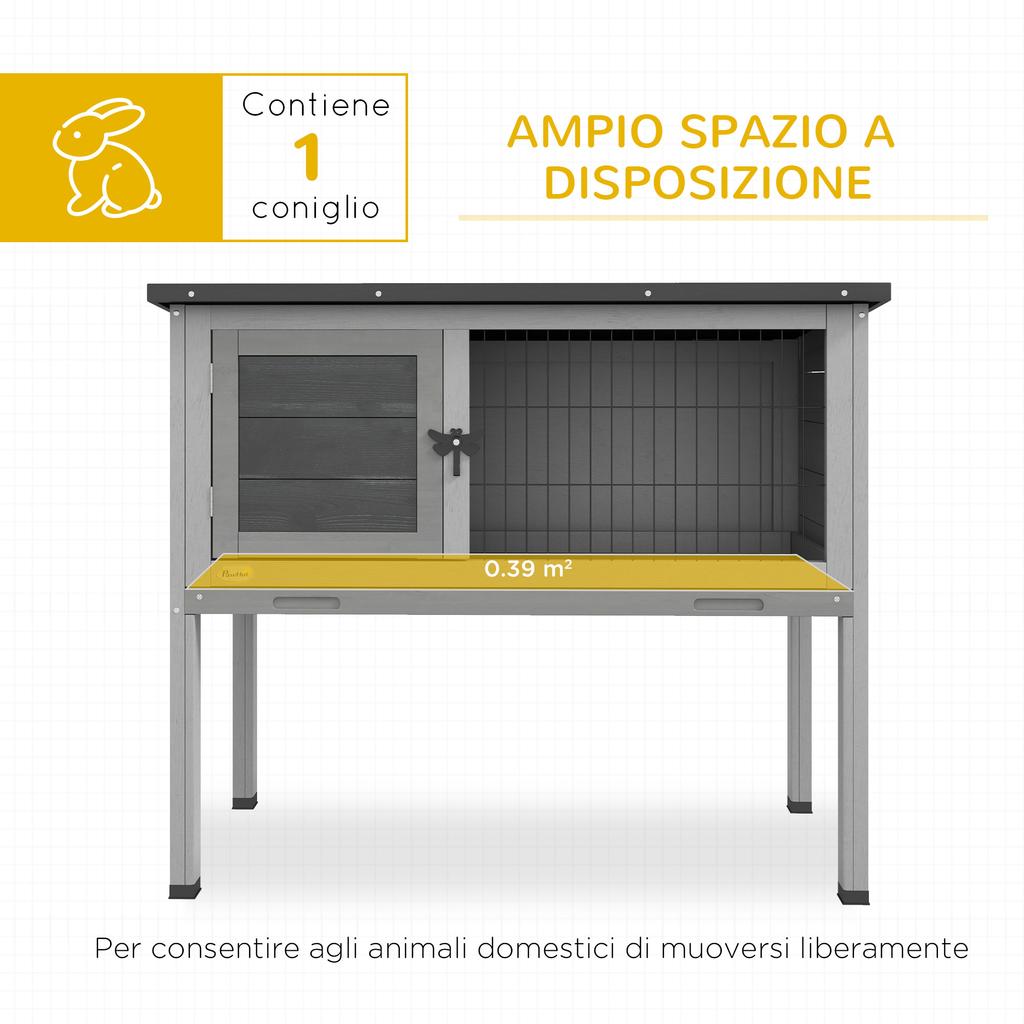 Raised Outdoor Wooden Rabbit Hutch with Opening Roof and Removable Tray, 84x43x70cm, Grey