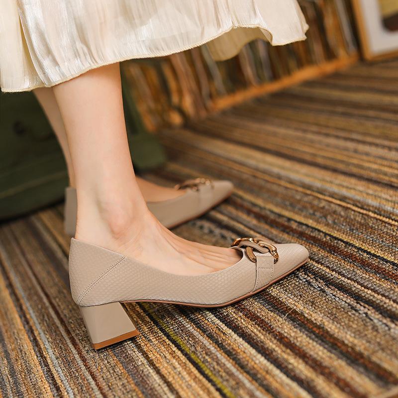 Sheepskin snake pattern square head high heels women's thick heel medium heel single shoes black work shoes soft leather can be stepped on