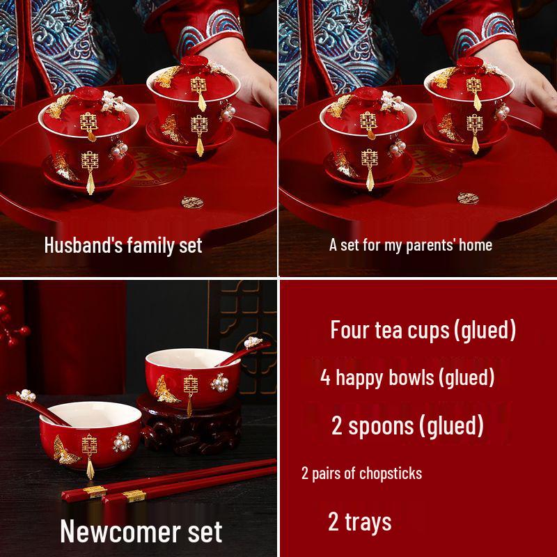 Double Happiness Butterfly Love Teacup Set: Wedding Bowls, Red Tea Set, Chopstick Pair, Dowry Gift