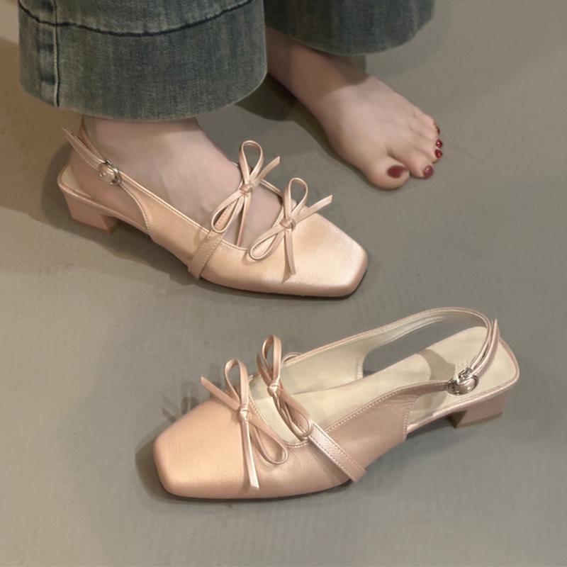 Women Heeled Sandals Bow Square Toe Dress Shoes Luxury Woman's Pumps 2025 New Designer Sexy Elegant Zapatillas De Mujer