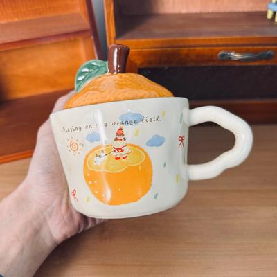 Daji Dali Orange Ceramic Cup with Lid Cute Cat Mug New Year Gift Coffee Cup Office Water Cup