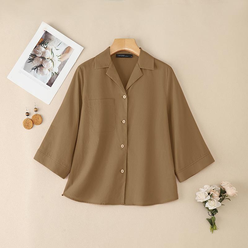 ZANZEA Women Turn Down Collar Loose 3/4 Sleeve Cotton Blouse