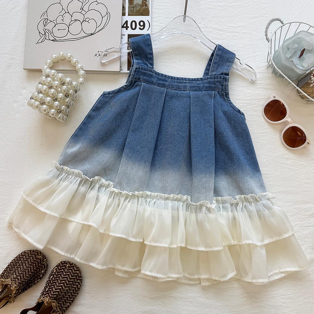 Girls' Summer Denim Gradient Ruffle Mesh Overall Skirt Dress