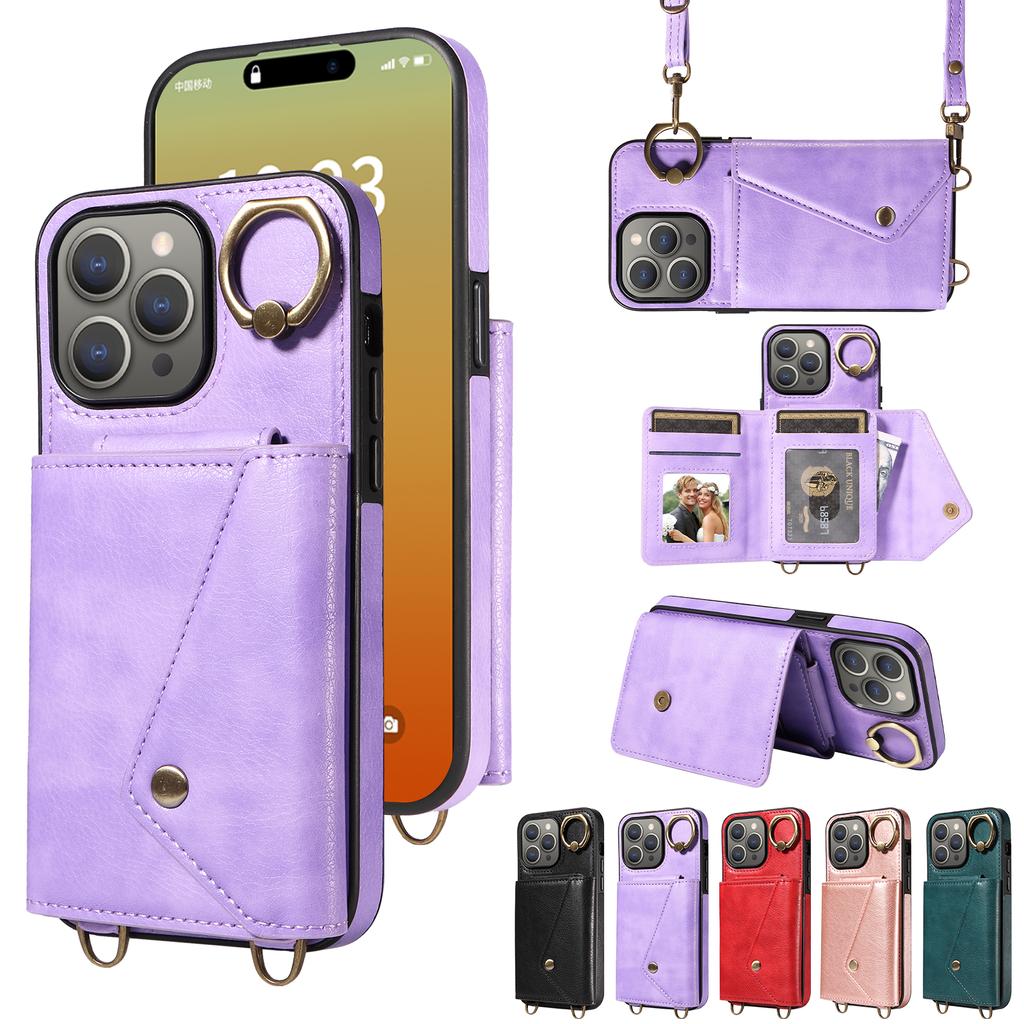 For iPhone 15 Series.for iPhone 15,15 Plus,15 Pro,15 Pro Max Shoulder Strap Rope Ring Bracket Design Card Holder Slots Lichee Pattern Cover Phone Case