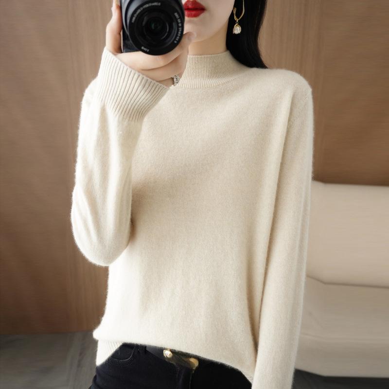 Autumn Winter Sweater Women's Korean Slim Pullover Sweater Half High Neck Knitted Sweater Short Style Solid Color Base Sweater Casual Sweater
