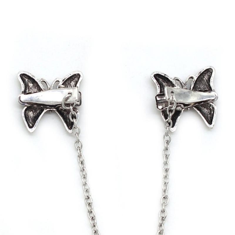 Women's Metal Chain Shirt Neck Collar Clip with Antique Bowknot Designs Blouse Sweater Cardigan Lapel Clip for Suits