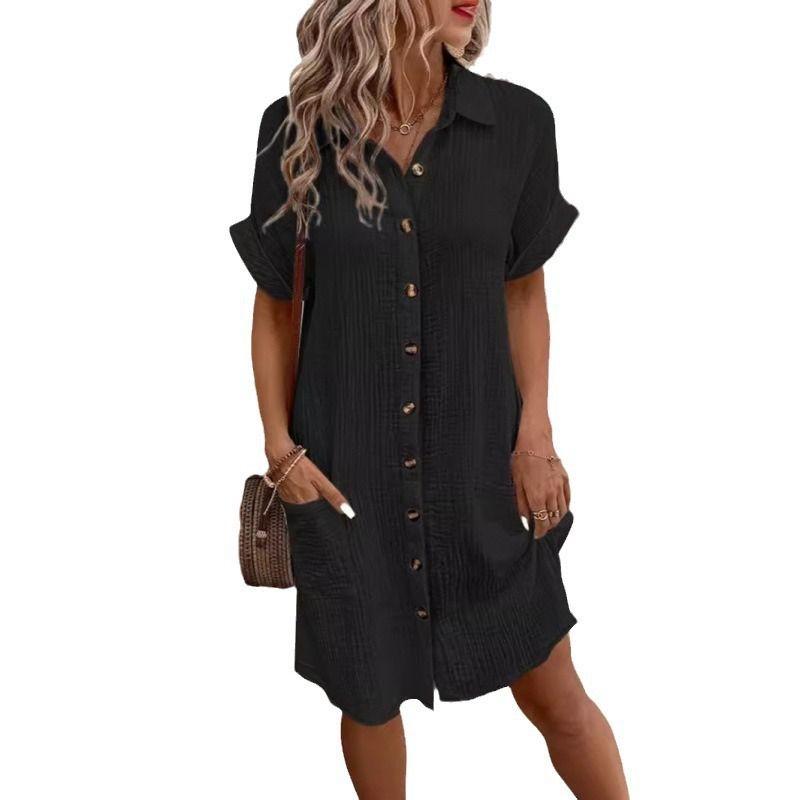 Western Style Fashion Casual Loose Short Sleeve Dress Single Breasted Short Dress Single Brewed Dress