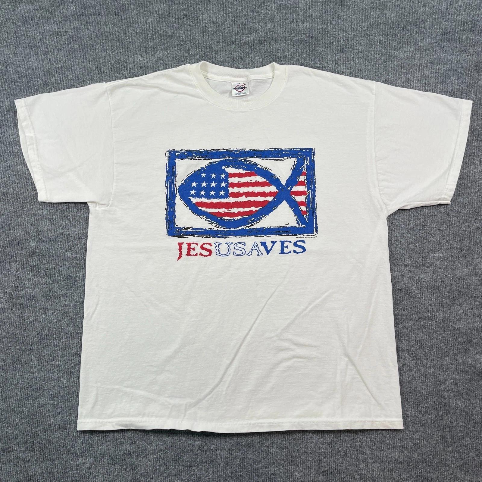 Vintage Y2K Christian Fish Ichthys Jesus Saves USA Shirt XL 23x28 White L